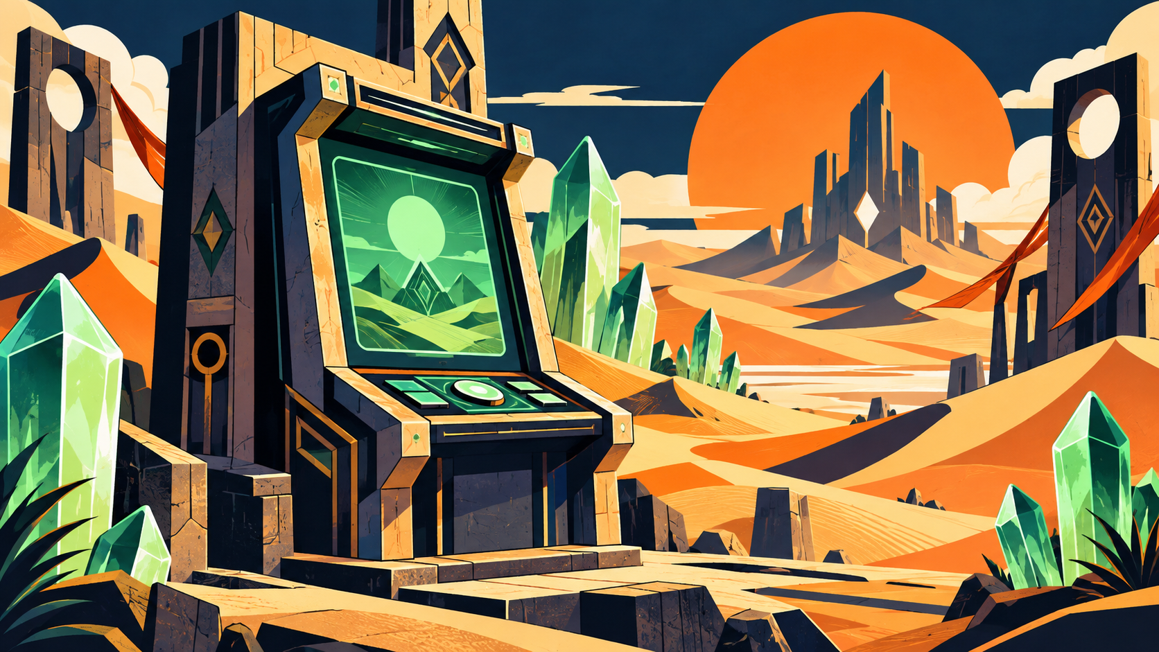 Stylized ancient landscape with a geometric gaming terminal