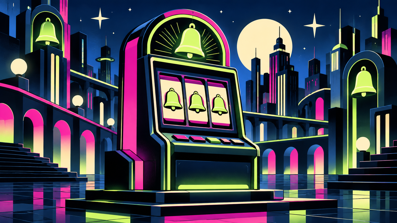 Vivid graphic gaming terminal in a high-contrast city