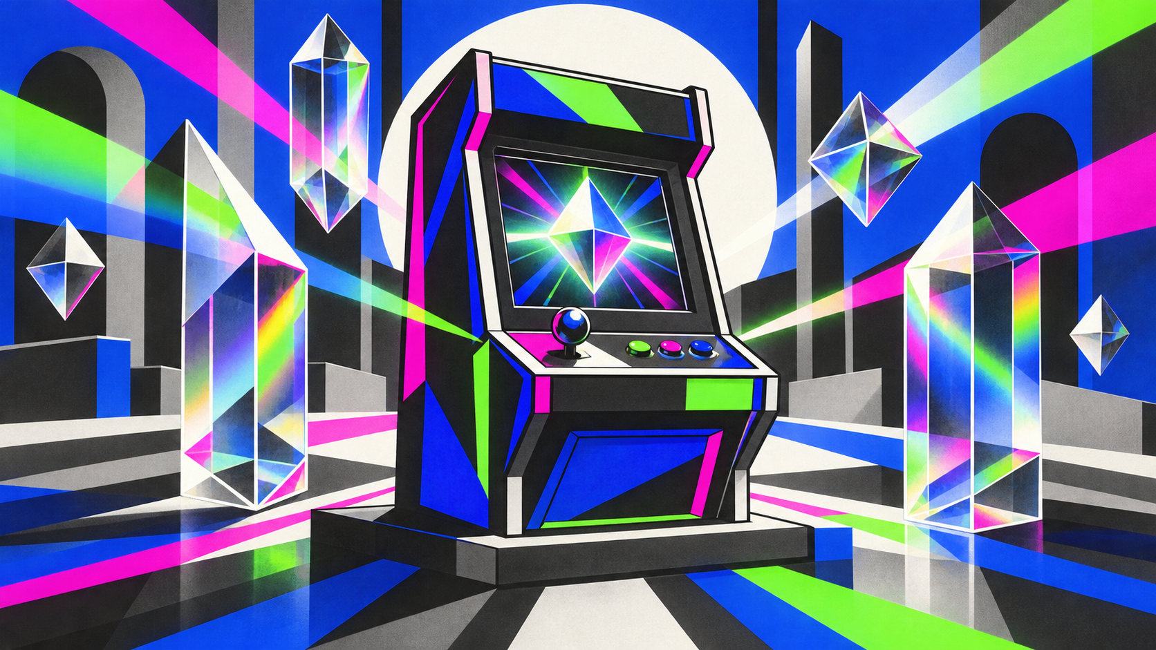 Bright geometric gaming terminal with energetic colored light