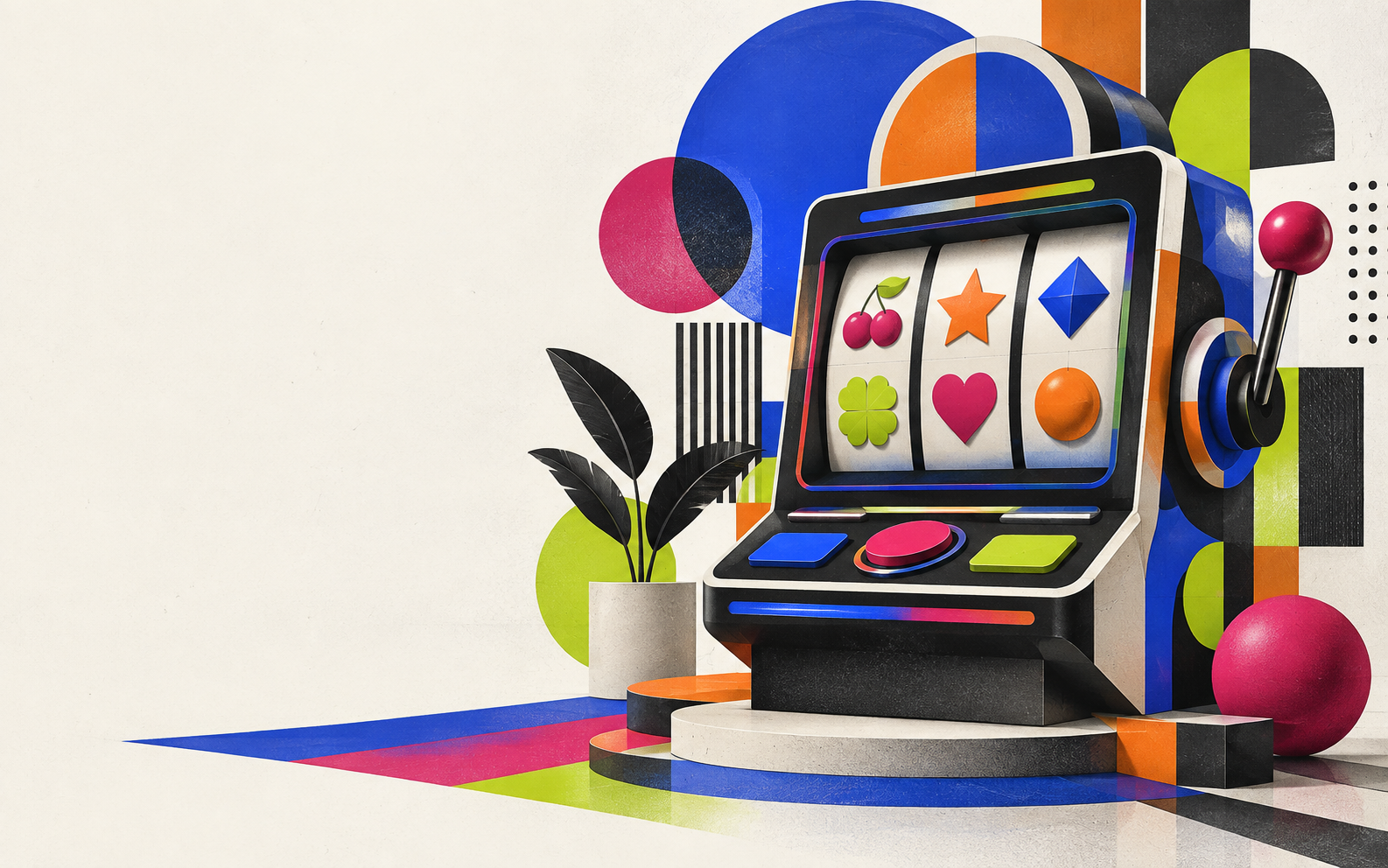Abstract geometric gaming terminal in a colorful Bauhaus poster scene